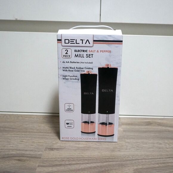 NEW! Delta Electric Salt and Pepper Grinder Mill Set Black and Rose Gold - Picture 3 of 6